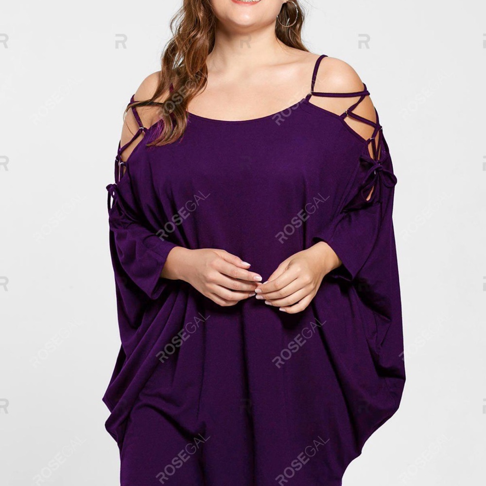 Plus size open shoulder lattice cut baggy top